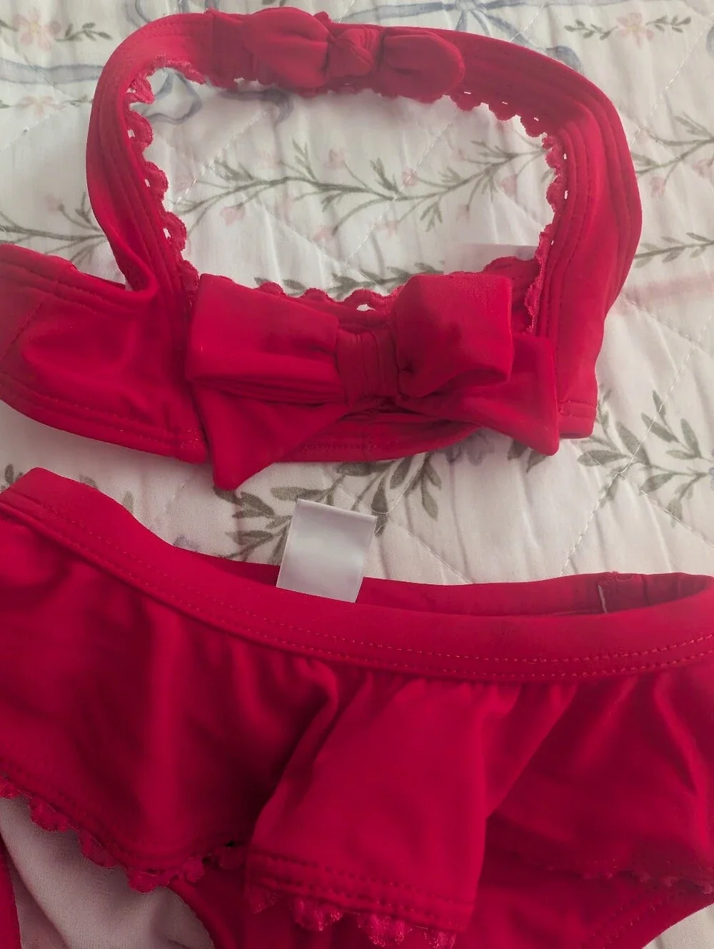 Girls' Red Ruffle Two-Piece Swim Set 3-6months And Sunhat